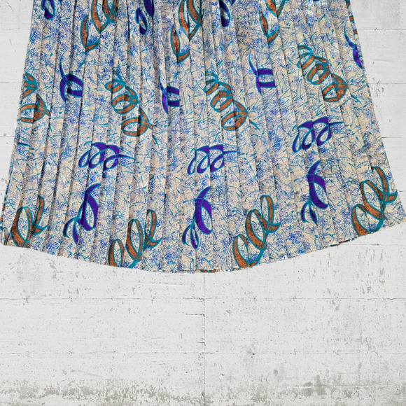 70s Vintage Cream Blue Metallic Abstract USA Made Blouse Midi Skirt Set Size 14 - Picture 11 of 13